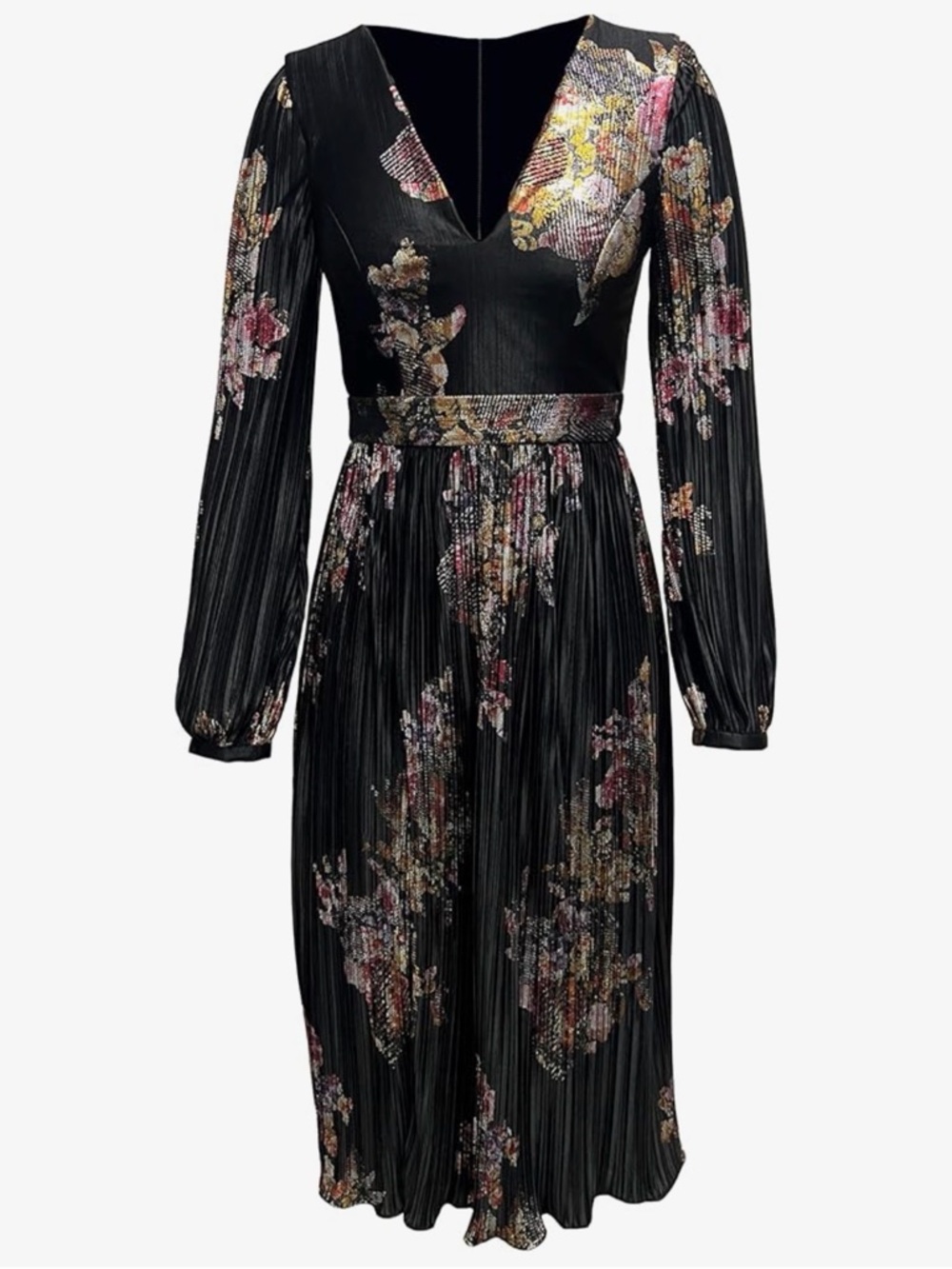 Dress the Population Black Floral V-Neck Pleated Midi Dress